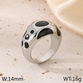 Silver stainless steel wide ring with black enamel oval inlays and polished finish - US 6 / Silver Base Black Polka Dots