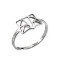 Macro detail of adjustable silver hollow fox ring with geometric metal design and open band - Silver Origami Fox