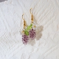Purple grape drop earrings with green leaves and white flower on a knit background - Purple Grape Style (FN1010-2)