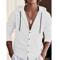 Dettaglio di camicia in lino bianca a righe verticali con cappuccio e coulisse - S / Bianco