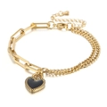 Golden double-layer bracelet with black enamel heart charm and paperclip chain - Gold Patchwork Bracelet-Black Heart Lock (KB165598-Z)