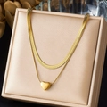 Elegant gold double-layer necklace with flat herringbone chain and heart pendant - Double Layer Snake Chain with 3D Heart Style (N4103)