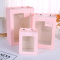 Pink gift bags with transparent windows and white rope handles in three assorted sizes - 15x10x20cm / Pink