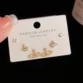 Detailed view of three-piece gold stud earring set with S925 silver needles and zircons - Gold-Rhinestone Saturn Set (70#)