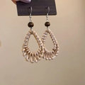 Detail of bohemian teardrop rattan earrings with dark wooden beads and silver hooks - 24# Ear Hook - Coffee - Teardrop