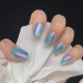Holographic chameleon press-on nails in blue and pink with square shape design - By1656 Yanruwodan / Glue Type