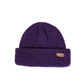 Detail view of deep purple ribbed knit beanie with a leather classic deer logo patch - 51-53cm / Purple