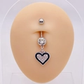 Macro view of stainless steel belly ring with black heart pendant on body model - Black Rhinestone Heart