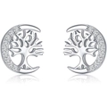 S925 sterling silver tree of life and crescent moon stud earrings with white zircons - 925 Silver / Tree of Life and Moon (With Plastic Ear Plugs)
