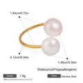 Golden stainless steel open ring featuring dual white freshwater pearls on a slim band - Double Freshwater Pearl Open Style (JDR2411020)