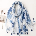 Blue floral print cotton-linen feel scarf with tassels on a white background - White Base Dark Blue Artistic Floral (SL2211-018)