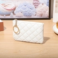 White quilted PU leather coin purse with classic diamond pattern and gold keyring - White