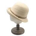 Elegant beige knit fedora hat with brown leather buckle strap and upturned brim style - M(56-58cm) / Beige