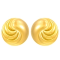 Golden spherical stud earrings featuring a textured spiral design in polished steel - Spiral Vortex Spherical Studs / 18k Gold Plated Round Disc WG1-0299
