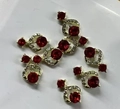 Golden alloy nail art charm with large red zircon and white rhinestone accents - Hollow Geometric Red Round Pendant
