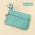 Slim light green genuine leather mini coin purse with double zipper and key ring - Light Green