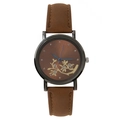 Fashion vintage watch with brown dial, golden flower pattern, and brown leather strap - Coffee