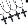 Polished black crystal cross pendant with black braided cord and silver clasp - Obsidian