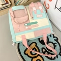 Pink and mint green school backpack with multiple pockets and FUMIAO logo on the strap - Shoulder Bag / Green