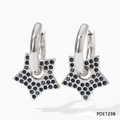Silver star-shaped hoop earrings featuring dark blue crystals and crescent moon cut-out - Silver Base Blue Rhinestone Style (PDE1238)