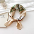Artistic silk square scarf with floral print in champagne and green tones - Green Grass Rabbit / 70x70cm