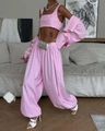 Completo 3 pezzi rosa a righe con crop top, camicia e pantaloni a gamba larga - S / Pantaloni a righe rosa