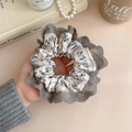 Floral fabric hair scrunchie with lace trim in beige and dark gray lace edge - Grey Lace Edge / Beige Floral