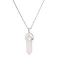 Macro shot of hexagonal pink crystal pillar pendant with silver metal bail and chain - Rose Quartz