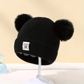 Bonnet en tricot noir pour bébé avec deux pompons en fausse fourrure, pour 0 à 12 mois - Noir