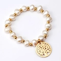 Elegante bracciale Albero della Vita con sfere dorate e perle d'acqua dolce bianche - Albero della Vita