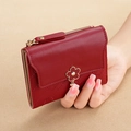 Short red leather wallet with golden plum blossom clasp and diamond quilted pattern - Red