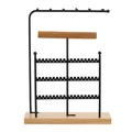 Black metal jewelry stand with natural wood base for earring and watch display - Back Style Black Jewelry Stand / Black