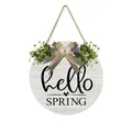 Rustic wooden Hello Spring hanging sign with green plants and black white bow decoration - 28x28x0.5cm / White Spring Style (M80556Q)