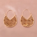 Close-up of golden hollow geometric fan earrings on a soft pink satin fabric - Antique Gold (9717)