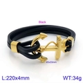 Men's black braided leather anchor bracelet with golden stainless steel buckle - Medium Gold Anchor Black Leather Rope (KB134501-BDJX)