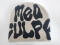 Y2K knit beanie in beige with large black Mea Culpa jacquard lettering design - Beige Black