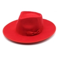 Detailed view of wide-brimmed red wool fedora hat featuring a matching ribbon bow - M (56-58cm) / Red