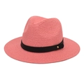 Close-up of pink paper straw Panama hat with black decorative band and gold rivets - M(56-58cm) / Pink