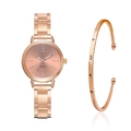 Rose gold quartz watch and minimalist open bangle set with LOVE engraving for women - Rose Gold Watch LOVE Open Bangle Set