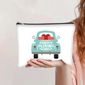 Close-up of Valentine's Day pickup truck pattern on white canvas makeup bag with zipper - Blue Pickup Happy Valentine (jiayingpbb0339)
