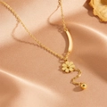 Golden stainless steel flower necklace with bead tassel on champagne satin - Daisy Steel Bead Tassel Necklace (D101)