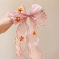 Nœud à paillettes rose avec petites fleurs en feutrine pour coiffure queue de cheval - Rose Poudré Avec Petites Fleurs Ruban