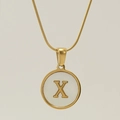 18K gold plated snake chain necklace featuring a round shell pendant with letter X - Letter X