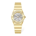 Elegant gold-tone ladies watch with sparkling crystal bezel and silver sunray dial - Grey Dial Gold Strap