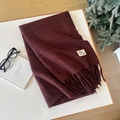 Soft burgundy wool scarf with tassels and logo label on a cozy white desk - 41 Berry Color / Over 175cm
