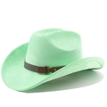 Detail of mint green western cowboy hat with grey ribbon and brown leather metal buckle - M (56-58cm) / Fruit Green