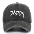 Close-up of white DADDY embroidery on vintage washed grey denim baseball cap fabric - One Size / Army Green