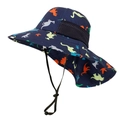 Detail of kids sun hat with dinosaur print, neck flap and breathable mesh panels - Navy Dinosaur