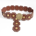 Vintage western wide waist belt for women with hollow hexagon leather and gold buckle - Antique Red Brown