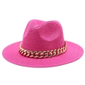 Detailed texture of fuchsia woven fedora hat featuring a chunky gold chain strap accent - M (56-58cm) / Single Rose Red Hat